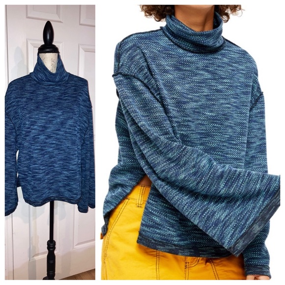 Free People Sunny Days Knit Turtleneck Oversized Sweater Blue Medium - Picture 1 of 11